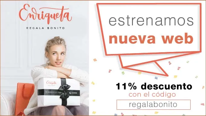 Imagen que anuncia la nueva web. Una mujer sostiene sonriente una caja de regalo de Enriqueta 