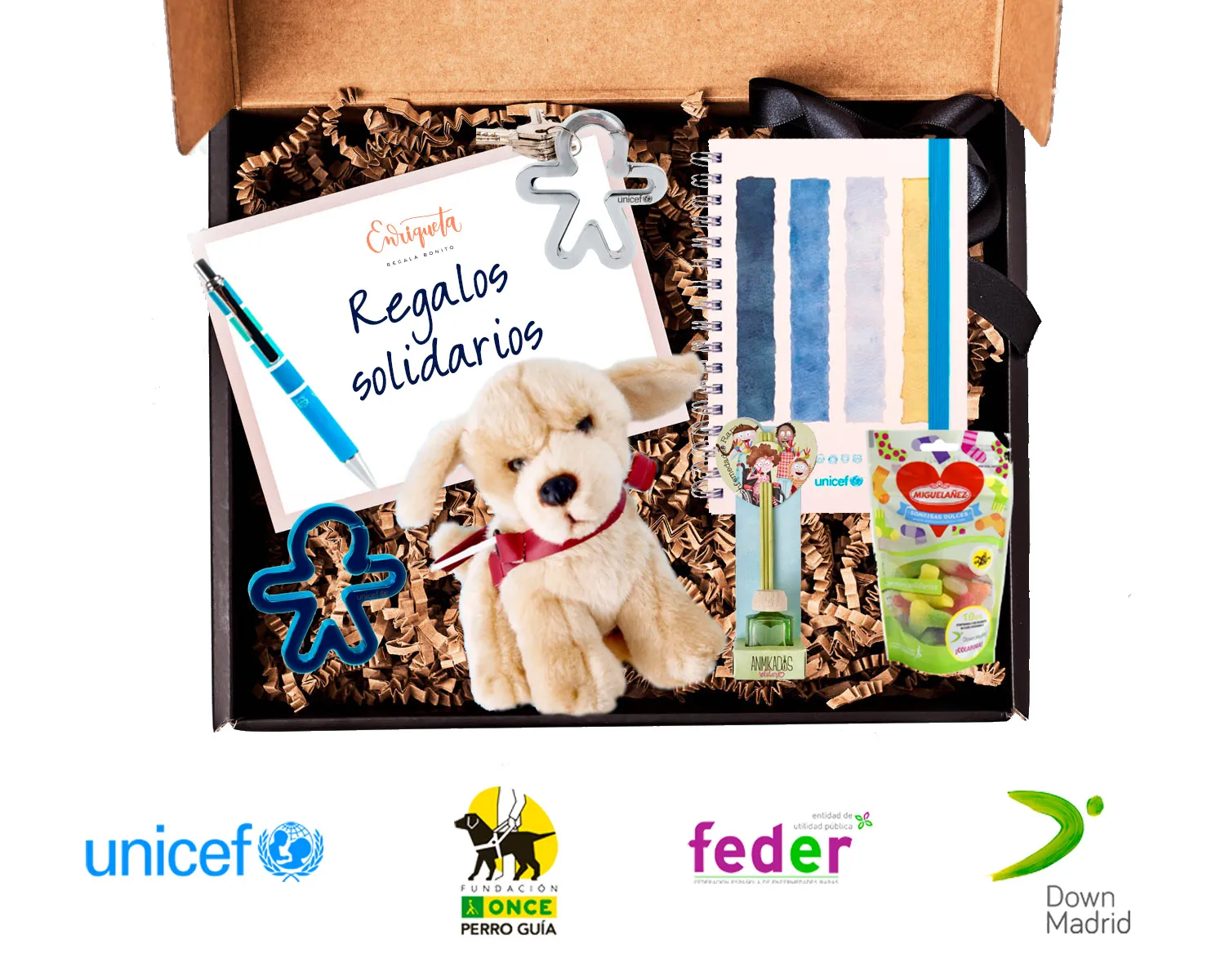 Creatividad donde se ve el logotipo de Enriqueta Regala Bonito junto al texto ‘regalos solidarios’, varios de esos regalos, como un oso de peluche y un bolígrafo, y los logotipos de las entidades con las que colabora Enriqueta Regala Bonito 