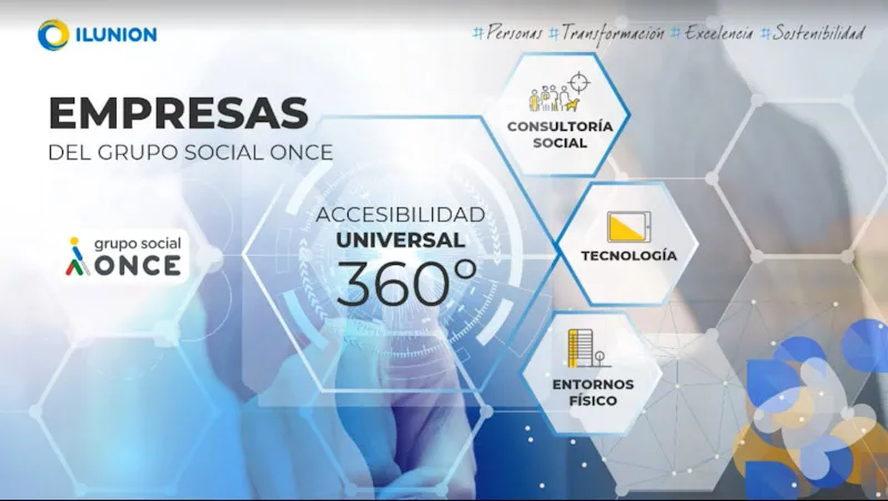Una diapositiva en la que se lee: Ilunion, personas, transformación, excelencia, sostenibilidad, empresas grupo social ONCE, accesibilidad universal 360 grados, consultoría social, tecnología, entornos físicos. 